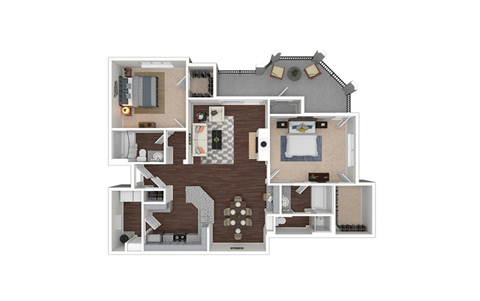 Floor plan for 2 beds, 2 baths, 956 sqft